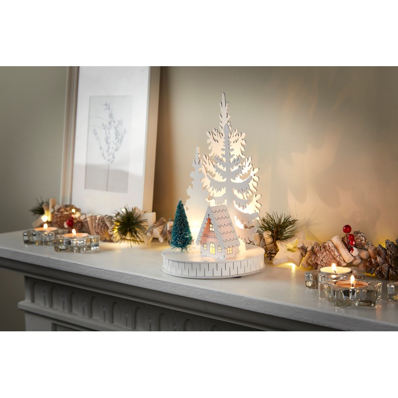 Wood House And Tree Christmas Decoration 5 LED Warm White - 25cm by Astralis