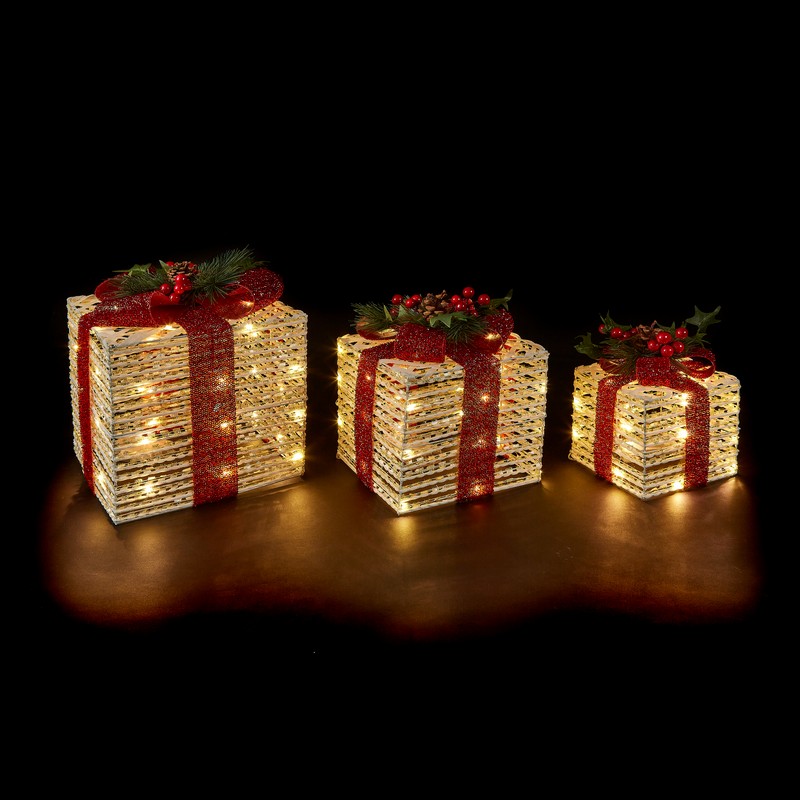 3x Present With Red Ribbon Christmas Light Feature 65 LED Warm White by Astralis