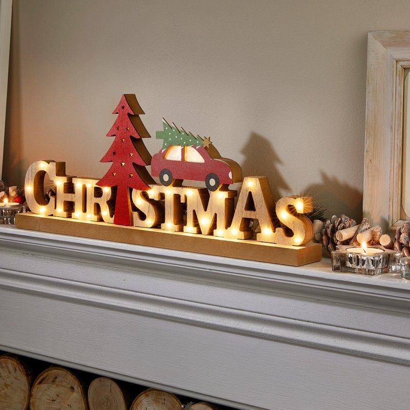 Wood Christmas Scene Decoration Warm White LED - 45cm