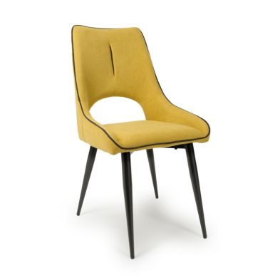 Pair Of Contemporary Dining Chairs Yellow Chenille Black Metal Legs