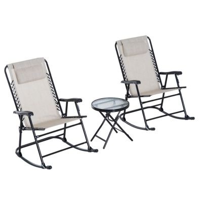 Outsunny 3 Piece Outdoor Rocking Set With 2 Folding Chairs And 1 Tempered Glass Table