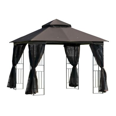 Outsunny 3 X 3 Meter Metal Gazebo Garden Outdoor 2 Tier Roof Marquee Party Tent Canopy Pavillion Patio Shelter With Netting And Shelf Coffee