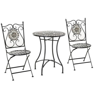 Outsunny 3 Pcs Mosaic Tile Garden Bistro Set Outdoor Seating W Table 2 Folding Chairs Set Metal Frame Elegant Scrolling Indoor Patio Balcony