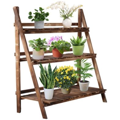 Outsunny 3 Tier Flower Stand Wood Folding Planter Ladder Display Shelf Rack For Garden Outdoor Backyard 100lx37wx93hcm