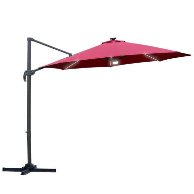 Outsunny 3m Led Cantilever Parasol Outdoor Sun Umbrella With Base Solar Lights Red