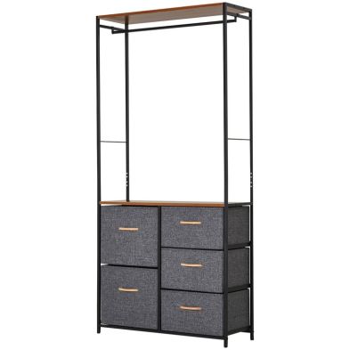 Product photograph of Homcom Chest Of Drawers With Coat Rack Steel Frame 5 Drawers Bedroom Hallway Home Furniture Black Brown from QD stores