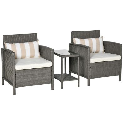 Product photograph of Outsunny Garden Outdoor Rattan Furniture 3 Pieces Patio Bistro Set Wicker Weave Conservatory Sofa Chair Table Set With Cushion Pillow - Light Grey from QD stores