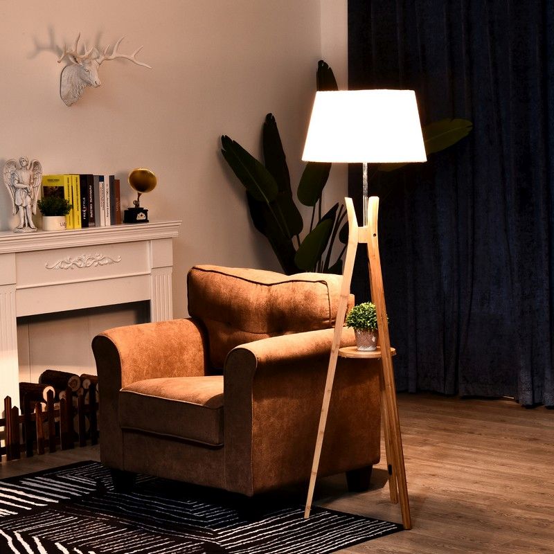 Homcom Natural Wooden Tripod Floor Lamp Light E27 Base Bedroom Living Room Fabric Shade Storage Shelf Foot Switch