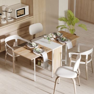 Homcom Foldable Drop Leaf Dining Table Folding Workstation For Small Space With Storage Shelves Cubes Oak White