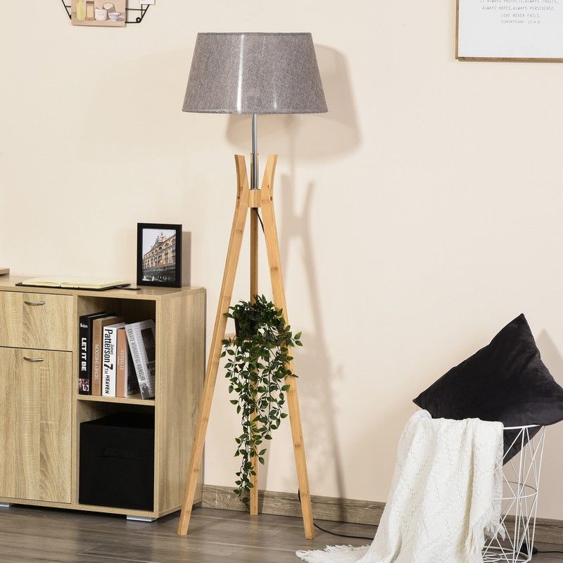 Homcom Natural Wood Tripod Floor Lamp Light E27 Base Bedroom Living Room Fabric Shade Storage Shelf Foot Switch