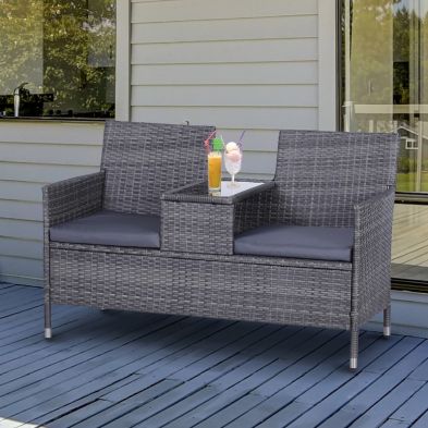 Outsunny 2 Seater Pe Rattan Outdoor Garden Bench With Centre Table Grey