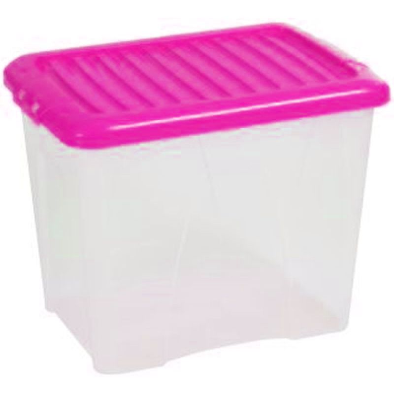 75L Wham Nice Stacking Plastic Storage Box Clear & Pink Clip Lid