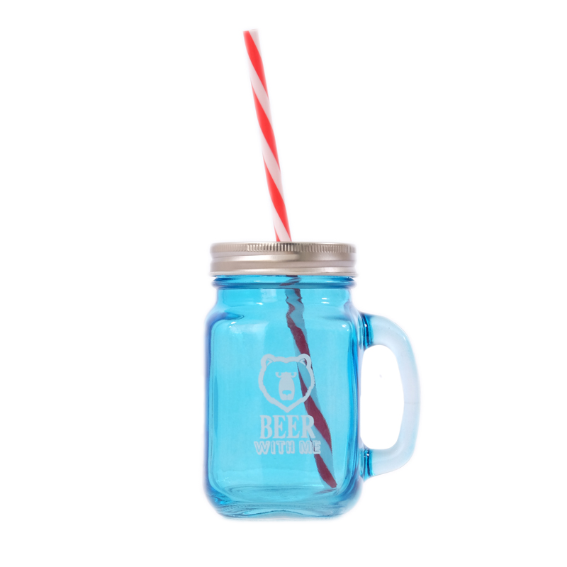 Glass Mason Jar with Handle, Lid and Straw