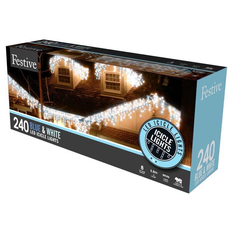 240 Blue & White LED Snowing Icicle Lights