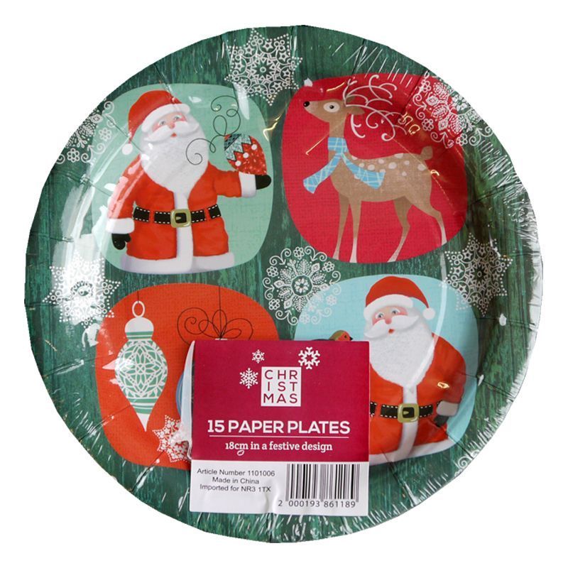 Small Christmas Paper Plates 15 Pack - Santa And Rudolph Design