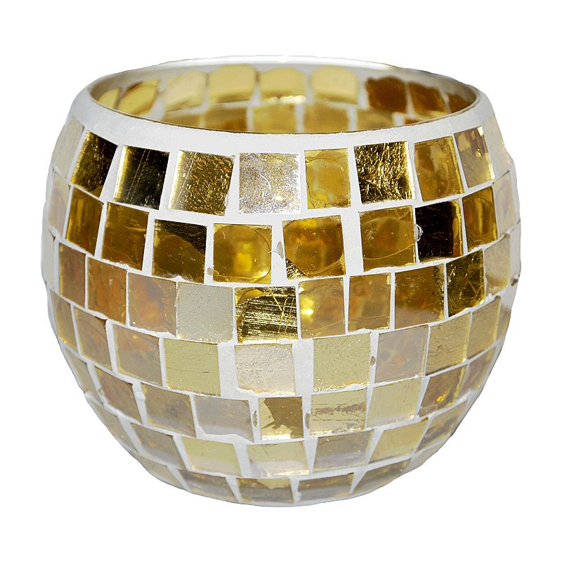 Coloured Mosaic Glass Candle Holder (12cm x 10cm) - Golds