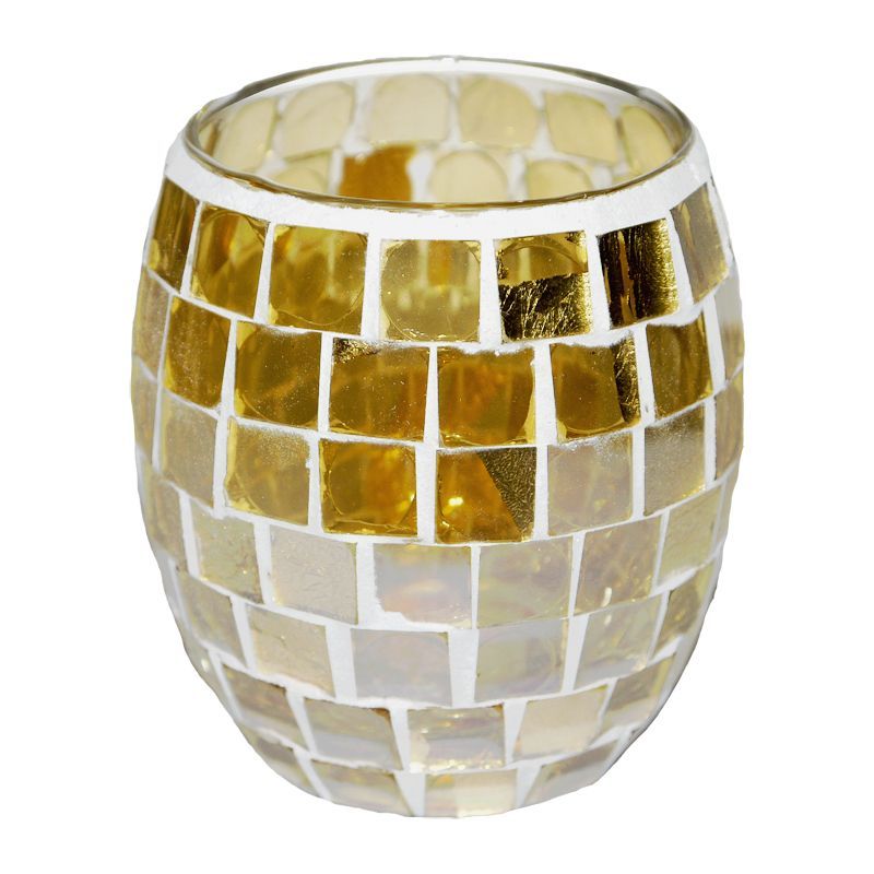 Coloured Mosaic Glass Candle Holder (8.5cm x 9cm) - Golds