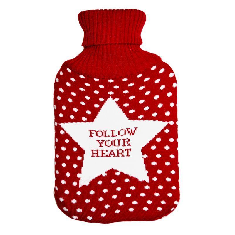 Follow Your Heart Red Hot Water Bottle With Knitted Cover
