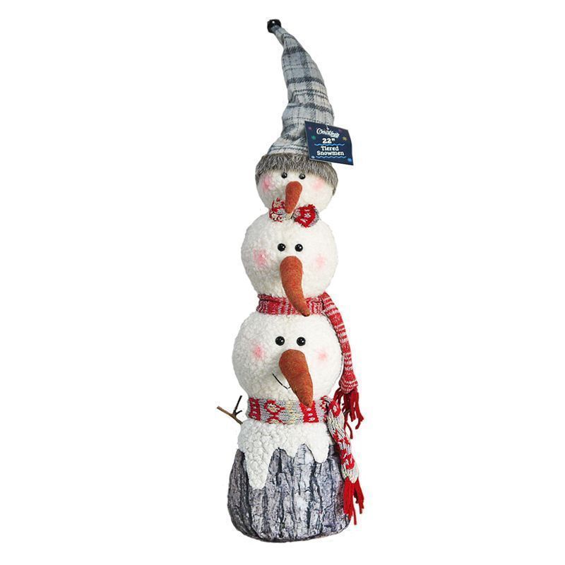 Tiered Standing Snowman With Grey Checked Hat 22 Inch