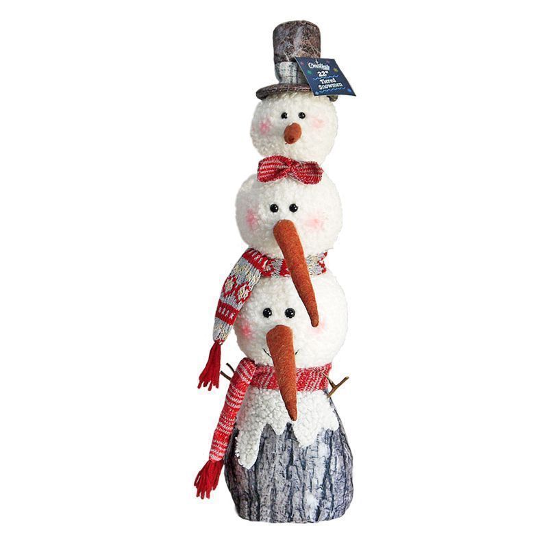 Tiered Standing Snowman With Brown Top Hat 22 Inch