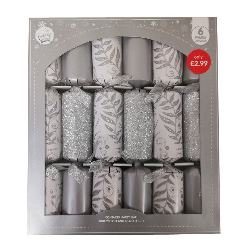 6 Christmas Party Crackers 15 Inch - Silver & White