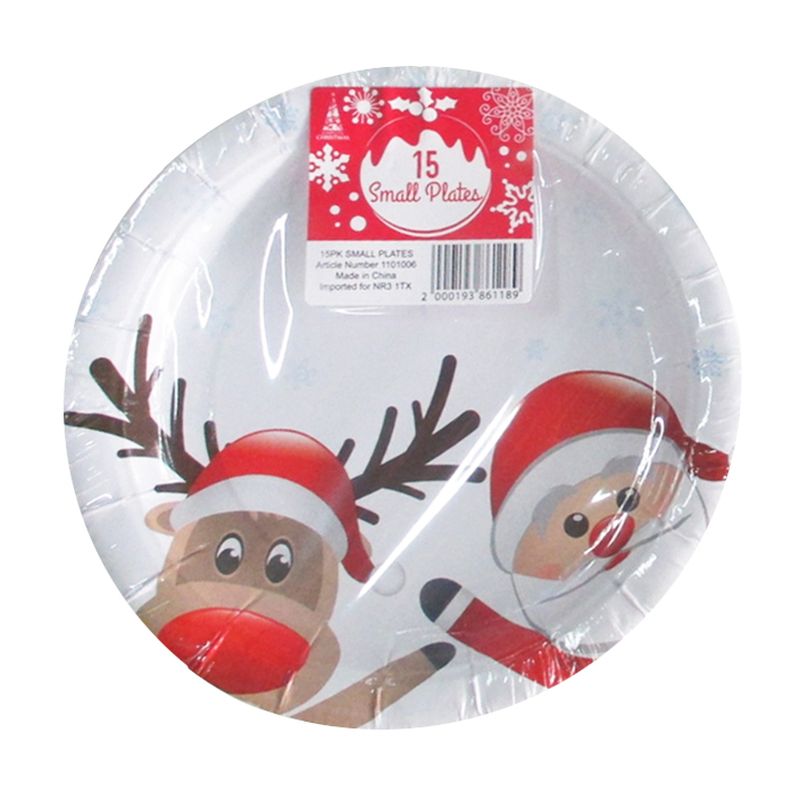 Small Christmas Paper Plates 15 Pack - Reindeer Santa