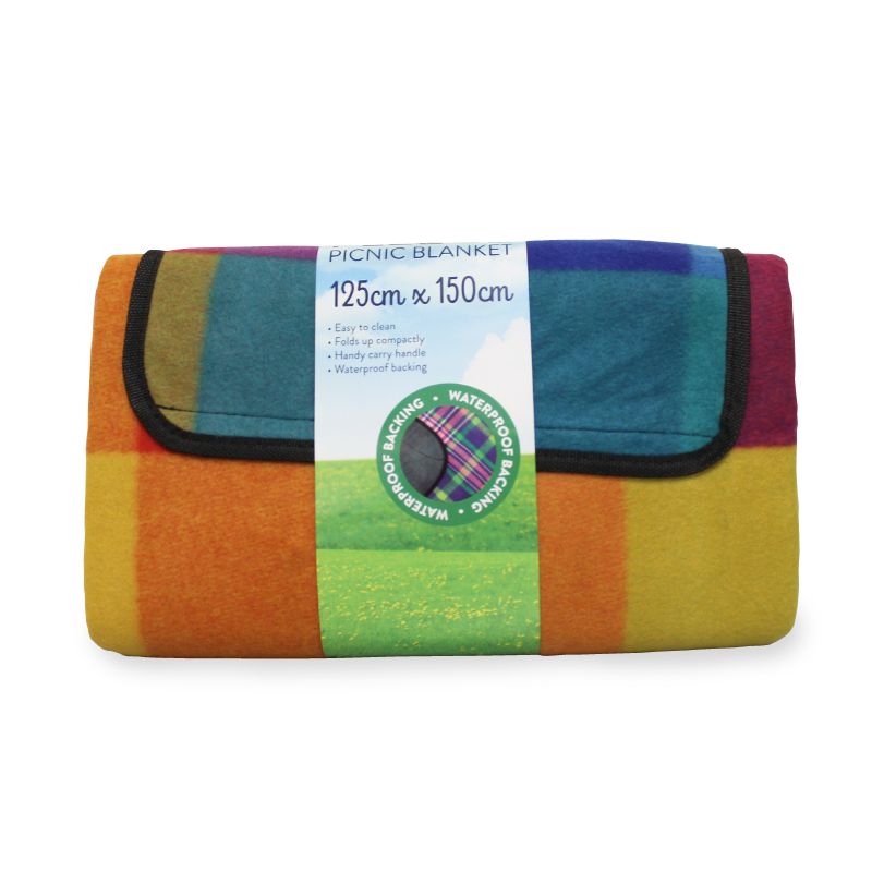 Fleece Picnic Blanket 125cm x 150cm - Rainbow Check