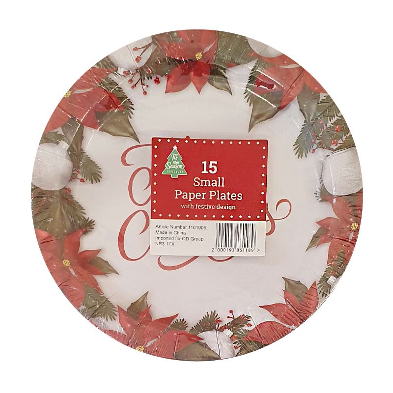 Small Christmas Paper Plates 15 Pack - Wreath Border With Writing