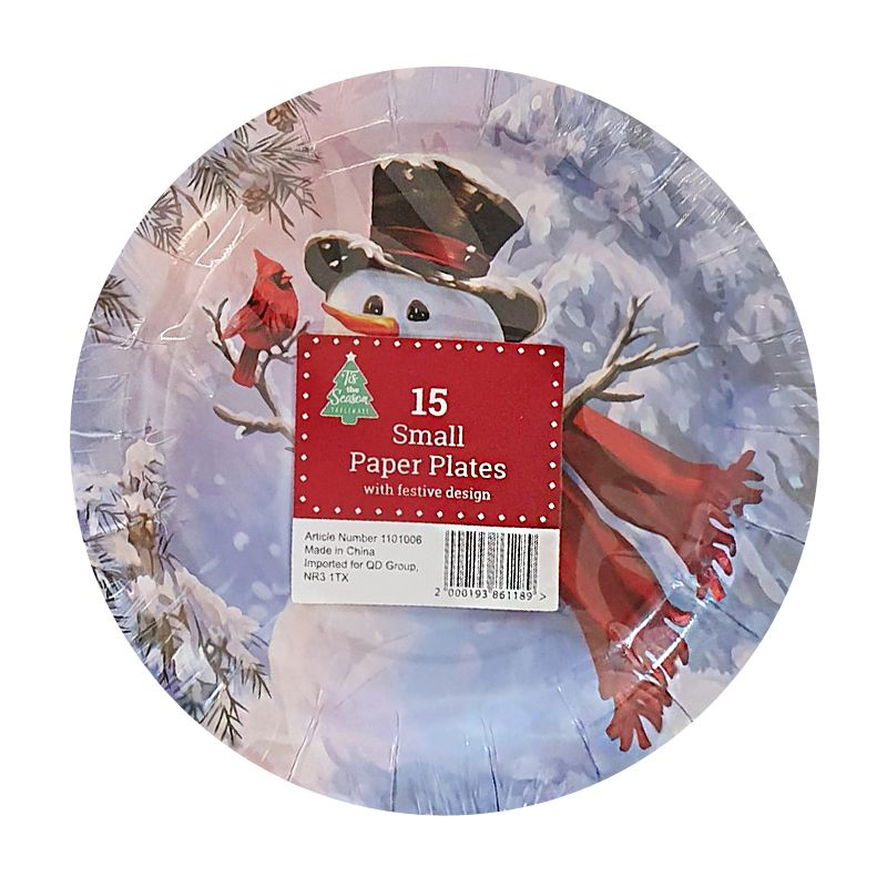 Small Christmas Paper Plates 15 Pack - Snowman