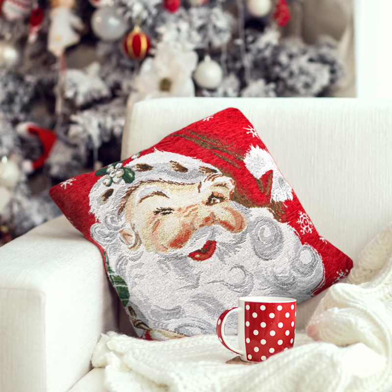 Large Christmas Tapestry Cushion Red Winking Santa Claus 43 x 43cm