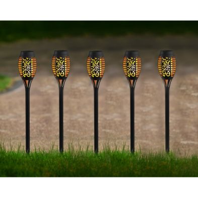 Product photograph of 5 Pack Black Torch Solar Garden Stake Light 12 Orange Led - 50cm By Bright Garden from QD stores