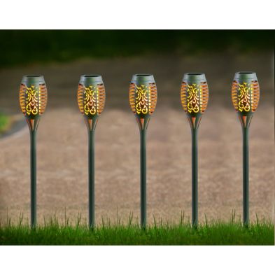 Product photograph of 5 Pack Grey Torch Solar Garden Stake Light 12 Orange Led - 50cm By Bright Garden from QD stores