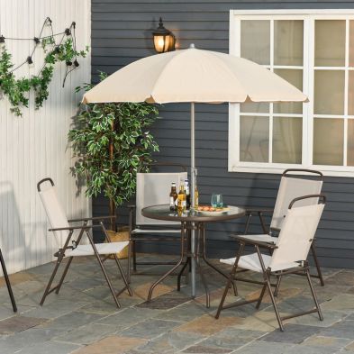 Outsunny Garden Patio Texteline Folding Chairs Plus Table And Parasol Furniture Bistro Set 6 Pieces Blackcream