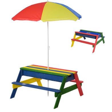 Outsunny Kids Picnic Table Set Wooden Bench With Removable Height Adjustable Parasol