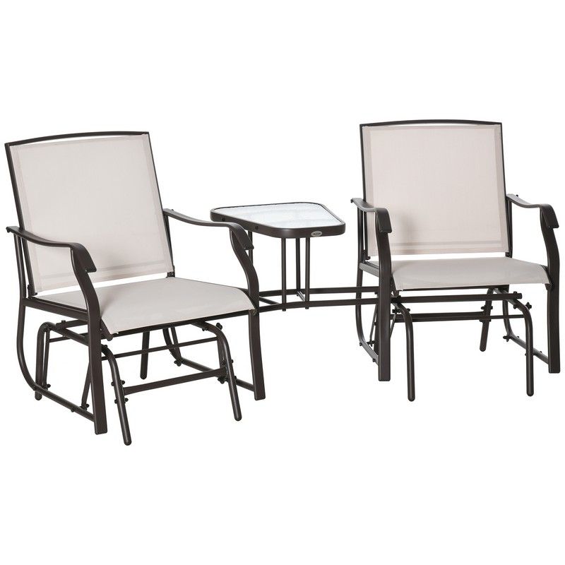 Outsunny Garden Double Glider Rocking Chairs Metal Gliding Love Seat with Middle Table Conversation Set Patio Backyard Relax Outdoor Furniture Beige