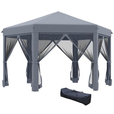 Outsunny 32m Pop Up Gazebo Hexagonal Canopy Tent Outdoor Sun Protection With Mesh Sidewalls Handy Bag Grey