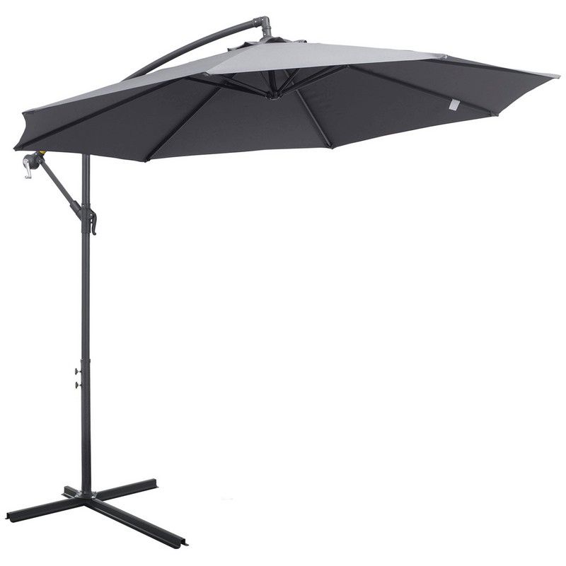 Outsunny 3(M) Garden Parasol Sun Shade Patio Banana Hanging Umbrella Cantilever With Crank Handle And Cross Base Grey
