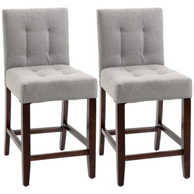 Homcom Modern Fabric Bar Stools Set Of 2 Thick Padding Kitchen Stool Bar Chairs With Tufted Back Wood Legs Grey