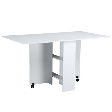 Homcom Mobile Drop Leaf Dining Kitchen Table Folding Desk For Small Spaces With 2 Wheels 2 Storage Shelves White