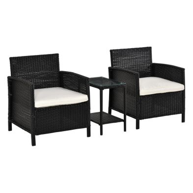 Product photograph of Outsunny 2-seater Pe Rattan Side Table Armchair Bistro Set Jack And Jill Seat With Pillows Black from QD stores