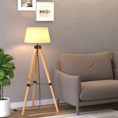 Product photograph of Homcom Tripod Floor Lamp Wooden Adjustable Modern Illumination Design E27 Bulb Compatible Grey Shade 99-143h from QD stores