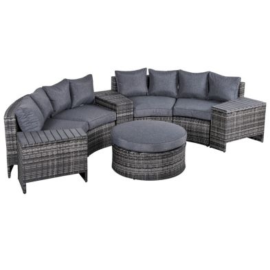 Outsunny 8 Pieces Outdoor Pe Rattan Wicker Patio Sofa Set Half Round Conversation Sofa Furniture W 1 Umbrella Hole Side Table And 2 Storage Functional Side Tables Grey