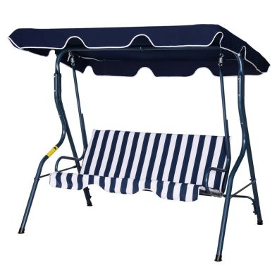 Outsunny 3 Seater Canopy Swing Chair Outdoor Garden Bench With Adjustable Canopy And Metal Frame Blue Stripes