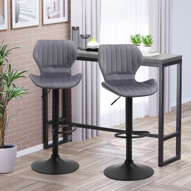 Homcom Bar Stool Set Of 2 Velvet Touch Fabric Adjustable Height Swivel Counter Chairs With Footrest Grey