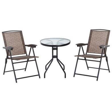 Outsunny 3 Piece Patio Furniture Bistro Set 2 Folding Chairs 1 Tempered Glass Table Adjustable Backrest Brown