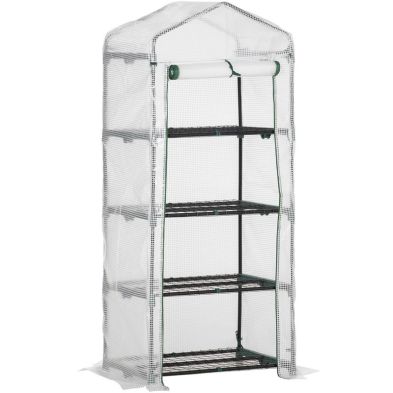 Outsunny 4 Tier Mini Greenhouse Portable Green House With Steel Frame Pe Cover Roll Up Door 70 X 50 X 160 Cm White