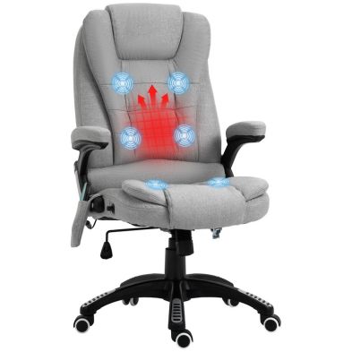 Vinsetto Massage Office Chair Recliner Ergonomic Gaming Heated Home Office Padded Linen Feel Fabric Swivel Base Light Grey