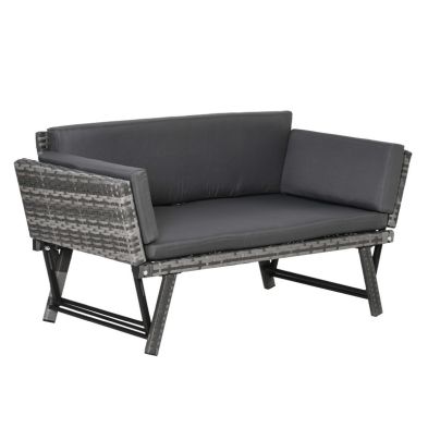 Product photograph of Outsunny 2 In 1 Rattan Folding Daybed Sofa Bench Garden Chaise Lounger Loveseat With Cushion Outdoor Patio Mixed Grey from QD stores