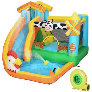 Outsunny 5 in 1 Kids Bounce Castle Farm Style Inflatable House with Slide Trampoline Pool Water... from QD Stores