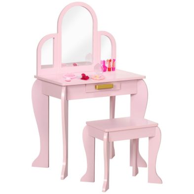 Homcom Kids Dressing Table Set With Mirror And Drawer Pink